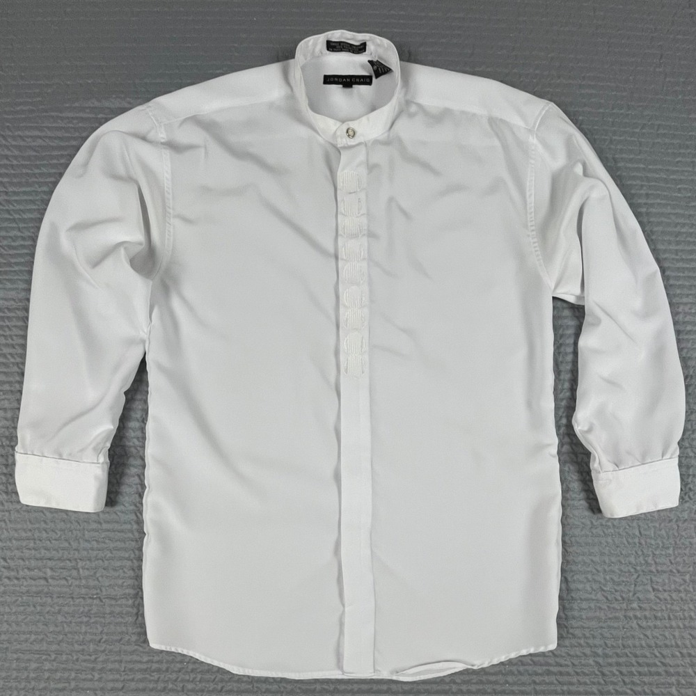 Jordan Craig Mens White Mandarin Collar Pleated Tuxedo Dress Shirt Medium